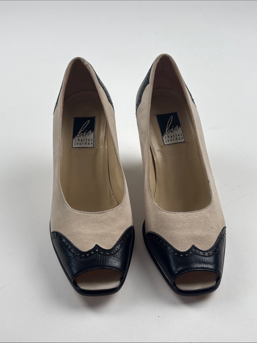 Charles Jourdan Two-Tone Beige Suede and Black Leather Peep-Toe Pumps